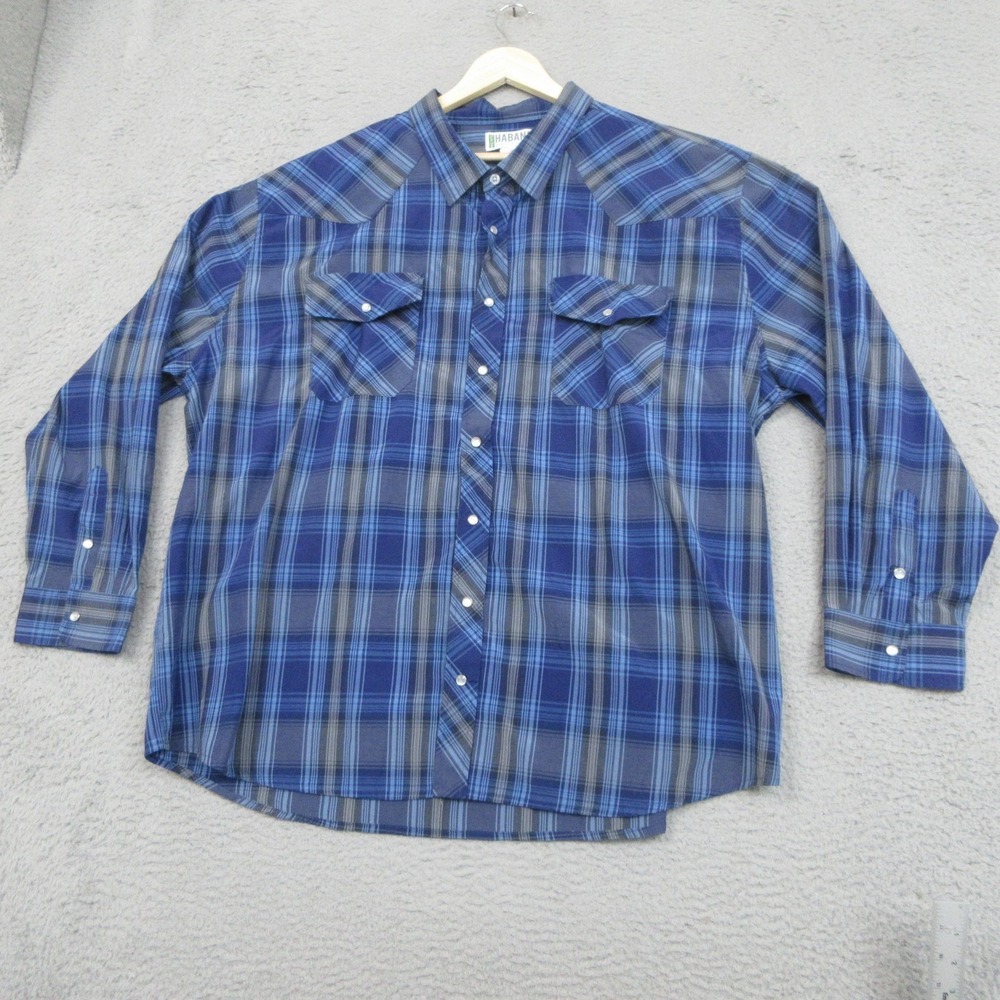 Haband Pearl Snap Shirt Mens Big 3X Blue Plaid Western Long Sleeve Cowboy Work